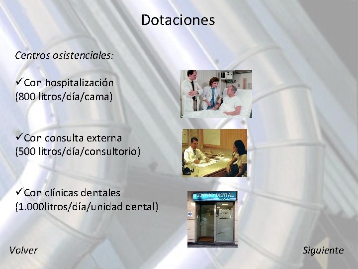 Dotaciones Centros asistenciales: üCon hospitalización (800 litros/día/cama) üCon consulta externa (500 litros/día/consultorio) üCon clínicas
