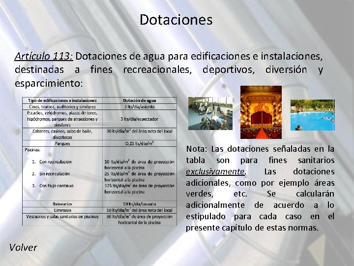 Dotaciones Artículo 113: Dotaciones de agua para edificaciones e instalaciones, destinadas a fines recreacionales,
