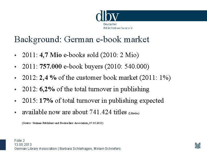 Background: German e-book market • 2011: 4, 7 Mio e-books sold (2010: 2 Mio)