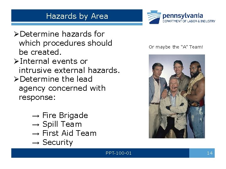 Hazards by Area ØDetermine hazards for which procedures should be created. ØInternal events or