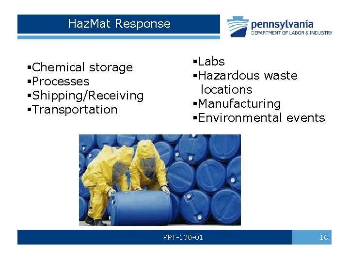 Haz. Mat Response §Chemical storage §Processes §Shipping/Receiving §Transportation §Labs §Hazardous waste locations §Manufacturing §Environmental