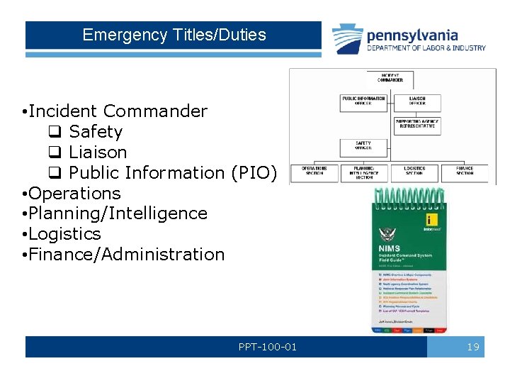 Emergency Titles/Duties • Incident Commander q Safety q Liaison q Public Information (PIO) •