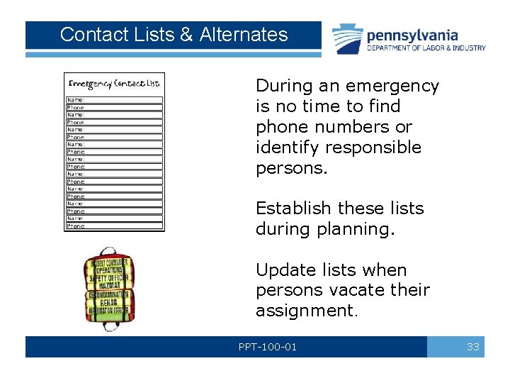 Contact Lists & Alternates During an emergency is no time to find phone numbers