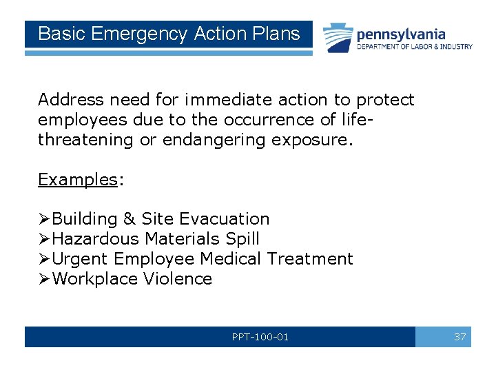 Basic Emergency Action Plans Address need for immediate action to protect employees due to