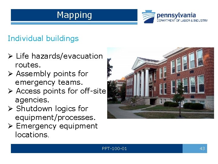 Mapping Individual buildings Ø Life hazards/evacuation routes. Ø Assembly points for emergency teams. Ø