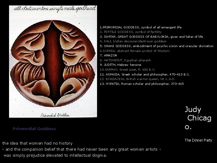 1. PRIMORDIAL GODDESS, symbol of all emergent life 2. FERTILE GODDESS, symbol of fertility