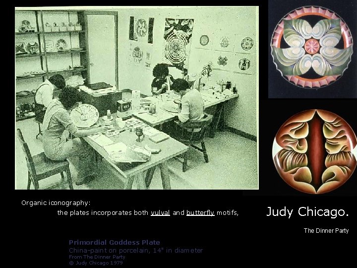 Organic iconography: the plates incorporates both vulval and butterfly motifs, Judy Chicago. The Dinner