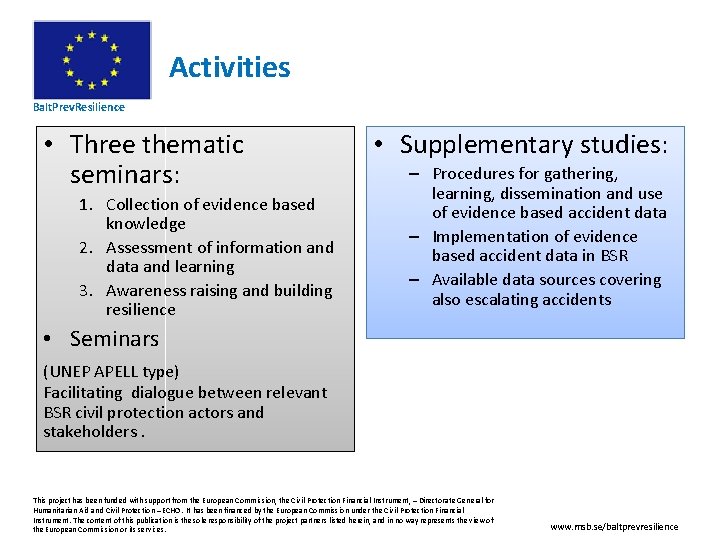 Activities Balt. Prev. Resilience • Three thematic seminars: 1. Collection of evidence based knowledge