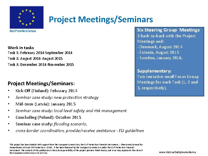 Project Meetings/Seminars Balt. Prev. Resilience Work in tasks Task 1: February 2014 -September 2014