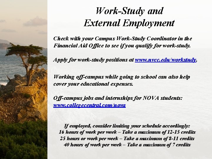 Work-Study and External Employment Check with your Campus Work-Study Coordinator in the Financial Aid