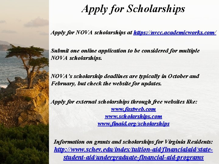 Apply for Scholarships Apply for NOVA scholarships at https: //nvcc. academicworks. com/ Submit one
