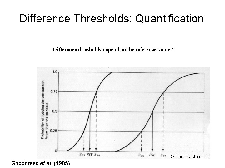 Difference Thresholds: Quantification Difference thresholds depend on the reference value ! Stimulus strength Snodgrass