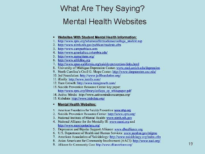 What Are They Saying? Mental Health Websites 19 