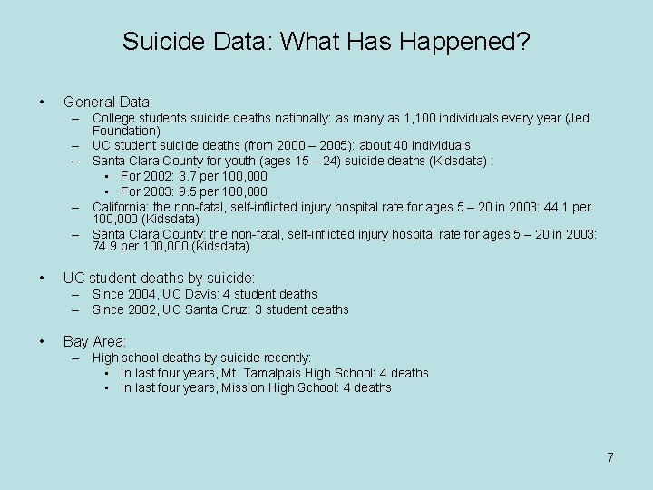Suicide Data: What Has Happened? • General Data: – College students suicide deaths nationally: