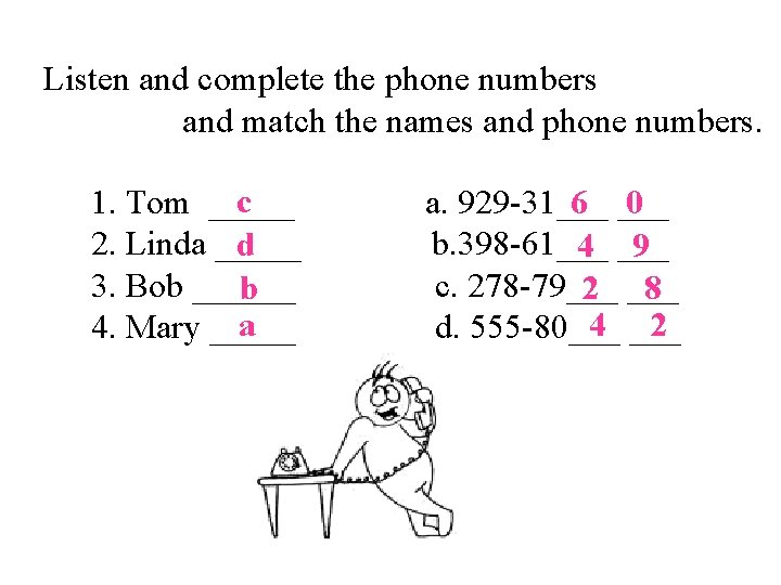 Listen and complete the phone numbers and match the names and phone numbers. c