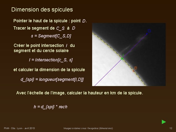 Dimension des spicules Pointer le haut de la spicule : point . D D