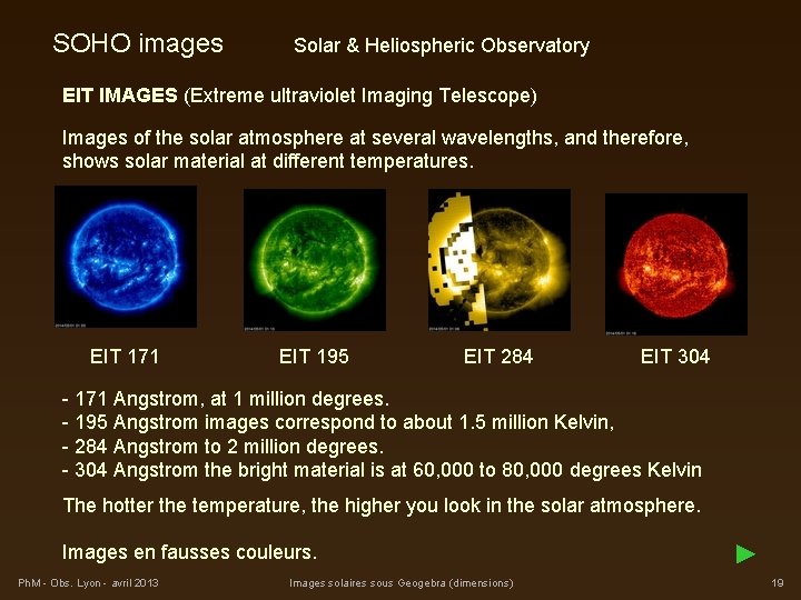 SOHO images Solar & Heliospheric Observatory EIT IMAGES (Extreme ultraviolet Imaging Telescope) Images of
