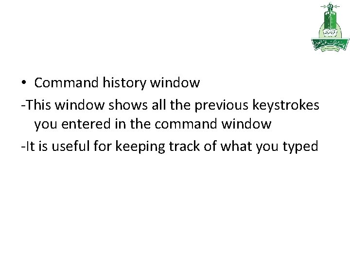  • Command history window -This window shows all the previous keystrokes you entered