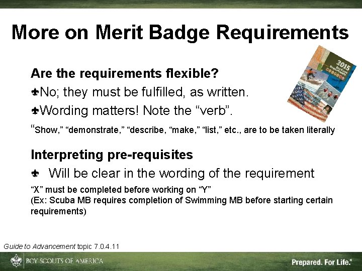 More on Merit Badge Requirements Are the requirements flexible? No; they must be fulfilled,