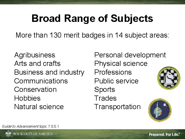 Broad Range of Subjects More than 130 merit badges in 14 subject areas: Agribusiness