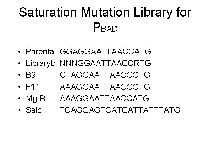 Saturation Mutation Library for PBAD • • • Parental Libraryb B 9 F 11