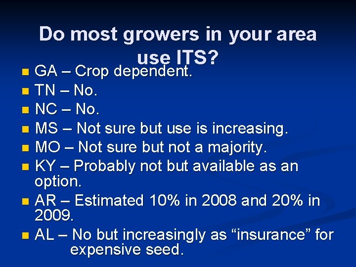 Do most growers in your area use ITS? GA – Crop dependent. n TN