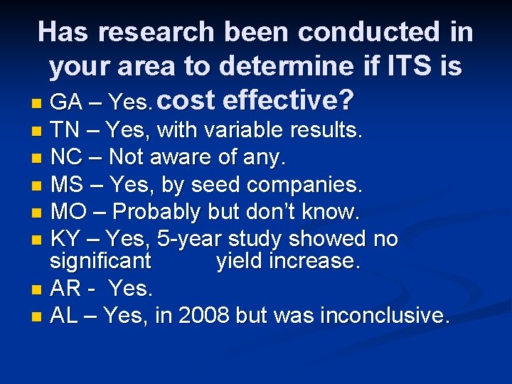 Has research been conducted in your area to determine if ITS is n GA