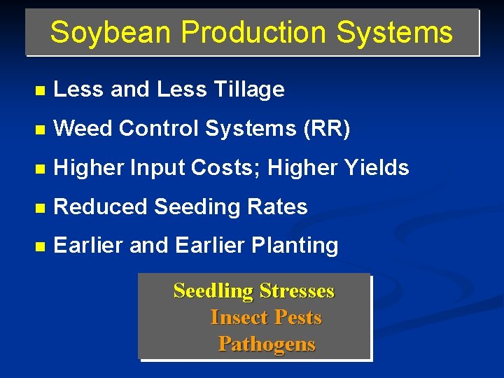 Soybean Production Systems n Less and Less Tillage n Weed Control Systems (RR) n