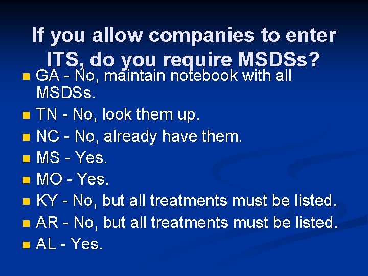 If you allow companies to enter ITS, do you require MSDSs? GA - No,