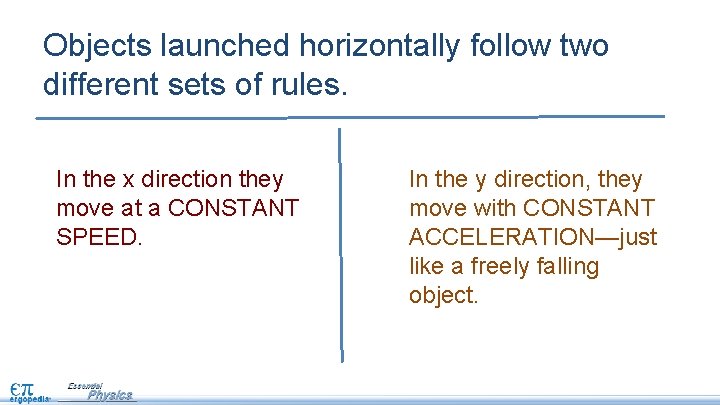 Objects launched horizontally follow two different sets of rules. In the x direction they