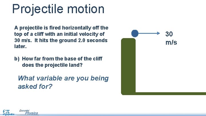 Projectile motion A projectile is fired horizontally off the top of a cliff with