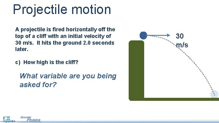 Projectile motion A projectile is fired horizontally off the top of a cliff with