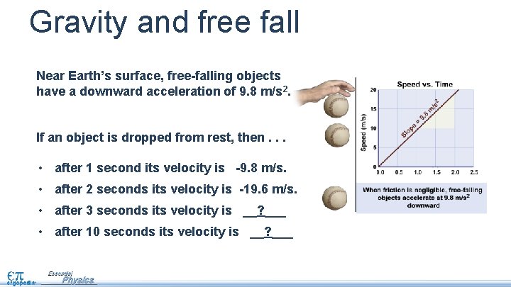 Gravity and free fall Near Earth’s surface, free-falling objects have a downward acceleration of