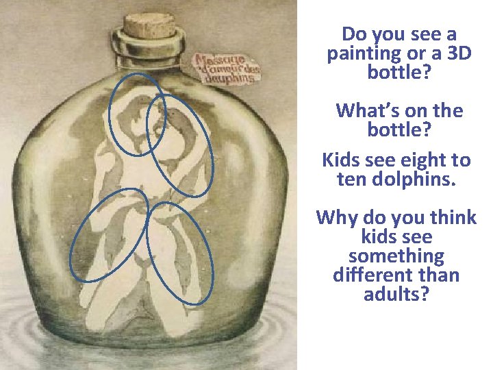 Do you see a painting or a 3 D bottle? What’s on the bottle?