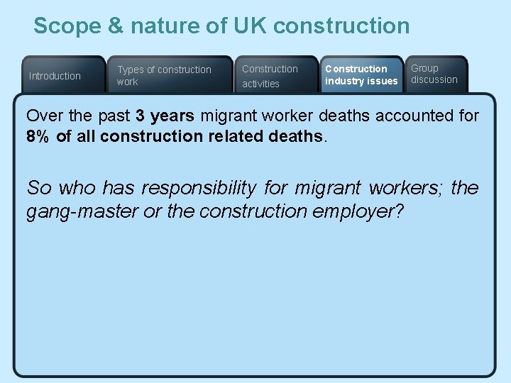 Scope & nature of UK construction Introduction Types of construction work Construction activities Construction