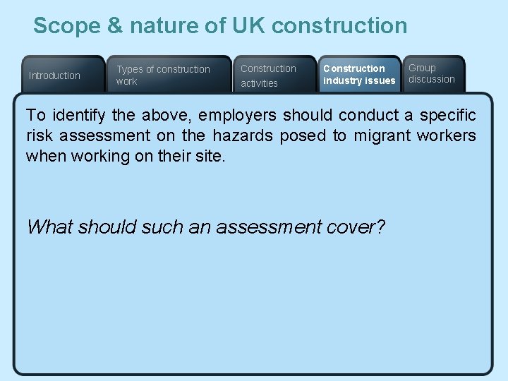 Scope & nature of UK construction Introduction Types of construction work Construction activities Construction
