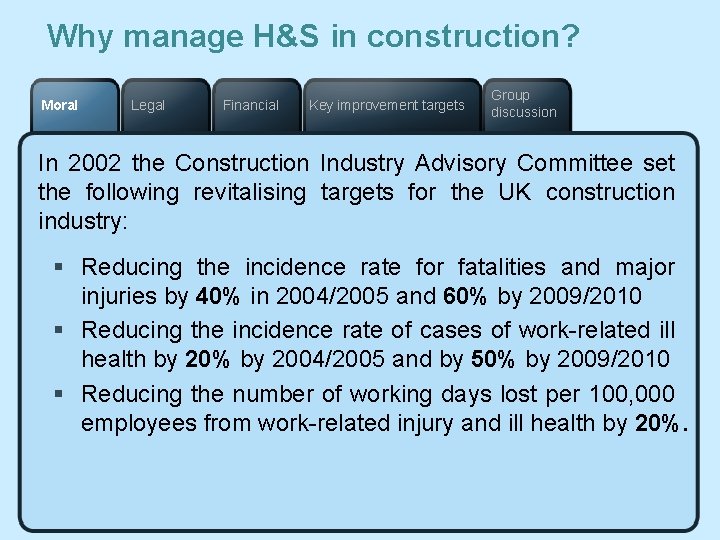 Why manage H&S in construction? Moral Legal Financial Key improvement targets Group discussion In