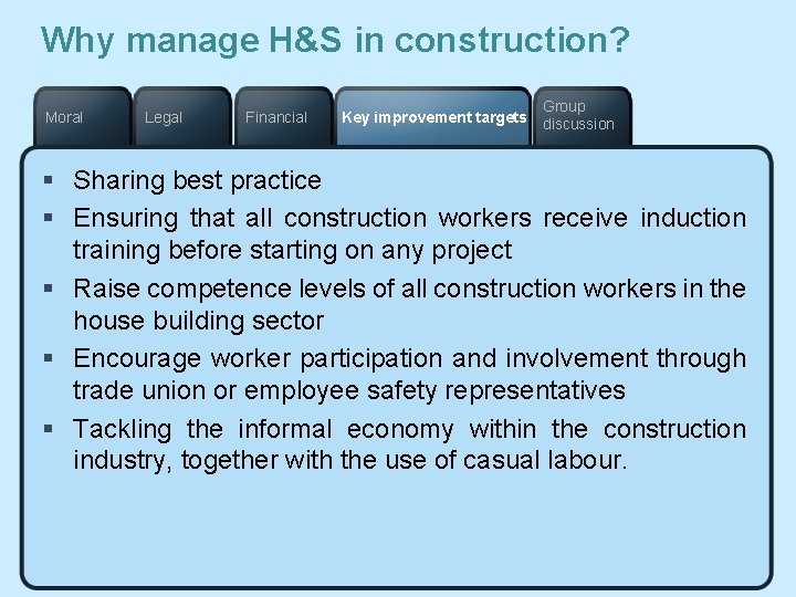 Why manage H&S in construction? Moral Legal Financial Group Key improvement targets discussion §