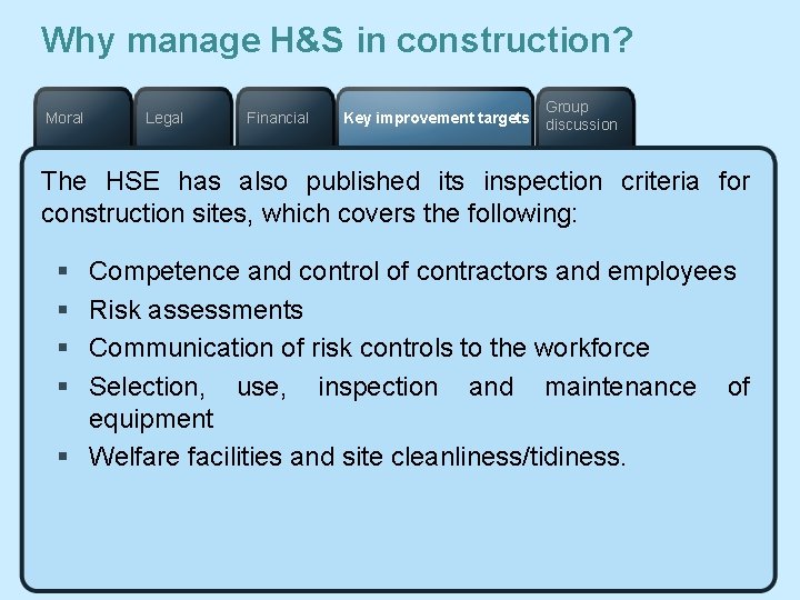 Why manage H&S in construction? Moral Legal Financial Group Key improvement targets discussion The