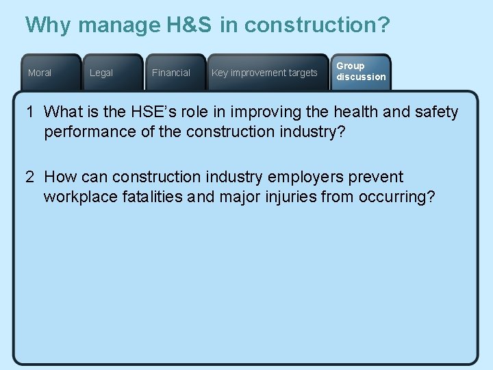 Why manage H&S in construction? Moral Legal Financial Key improvement targets Group discussion 1