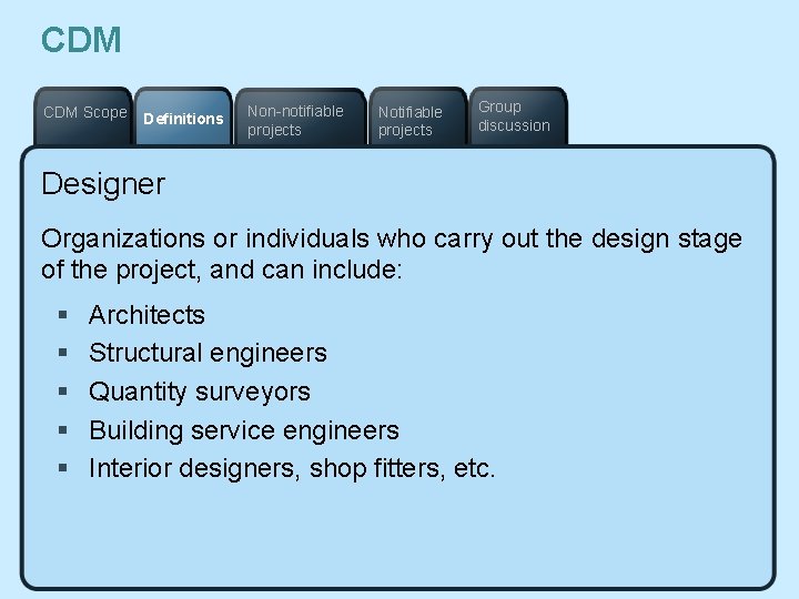 CDM Scope Definitions Non-notifiable projects Notifiable projects Group discussion Designer Organizations or individuals who