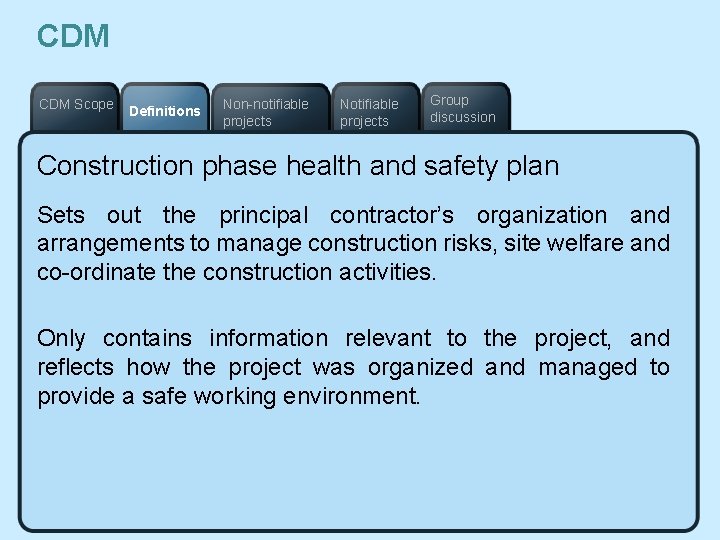 CDM Scope Definitions Non-notifiable projects Notifiable projects Group discussion Construction phase health and safety