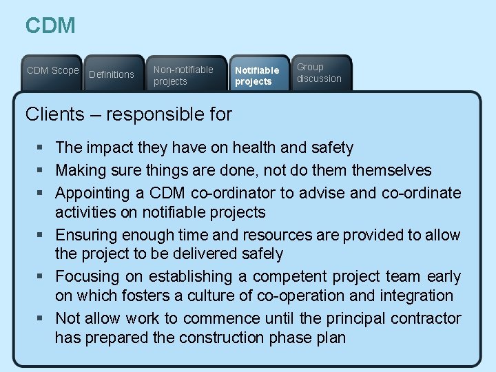 CDM Scope Definitions Non-notifiable projects Notifiable projects Group discussion Clients – responsible for §
