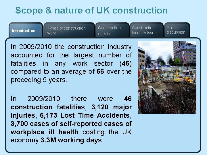 Scope & nature of UK construction Introduction Types of construction work Construction activities Construction