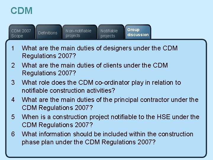 CDM 2007 Scope 1 2 3 4 5 6 Definitions Non-notifiable projects Notifiable projects