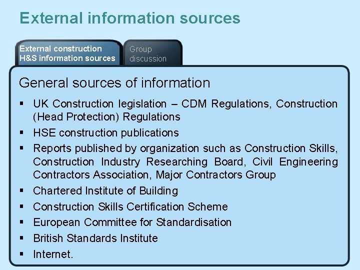 External information sources External construction H&S information sources Group discussion General sources of information