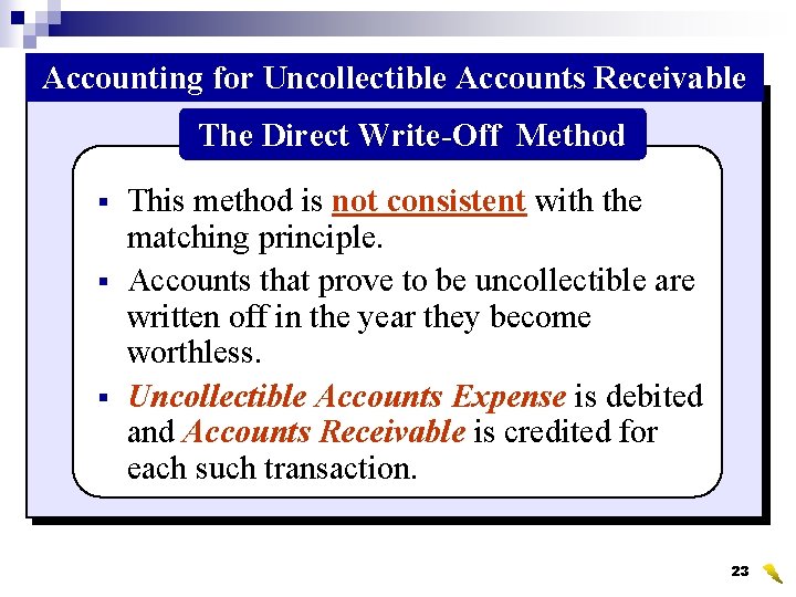 Accounting for Uncollectible Accounts Receivable The Direct Write-Off Method § § § This method