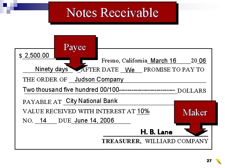 Notes Receivable 2, 500. 00 $_______ Payee Fresno, California_______20___ March 16 06 Ninety days