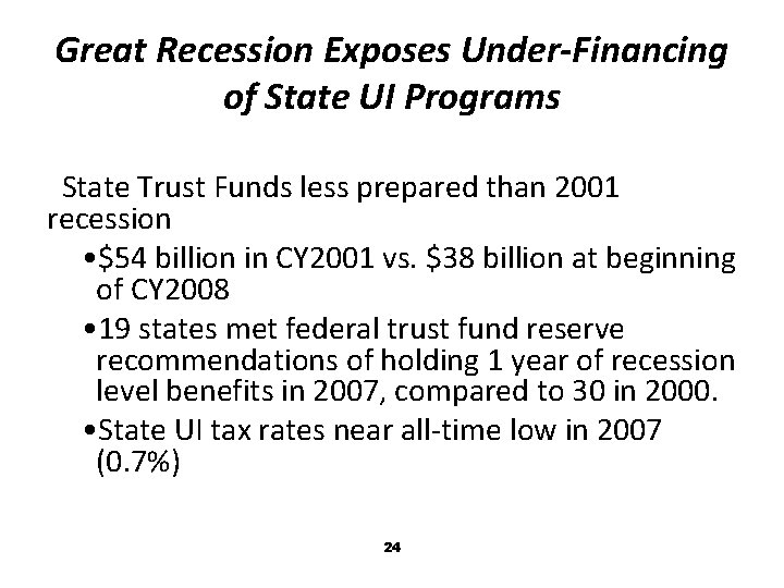 Great Recession Exposes Under-Financing of State UI Programs State Trust Funds less prepared than