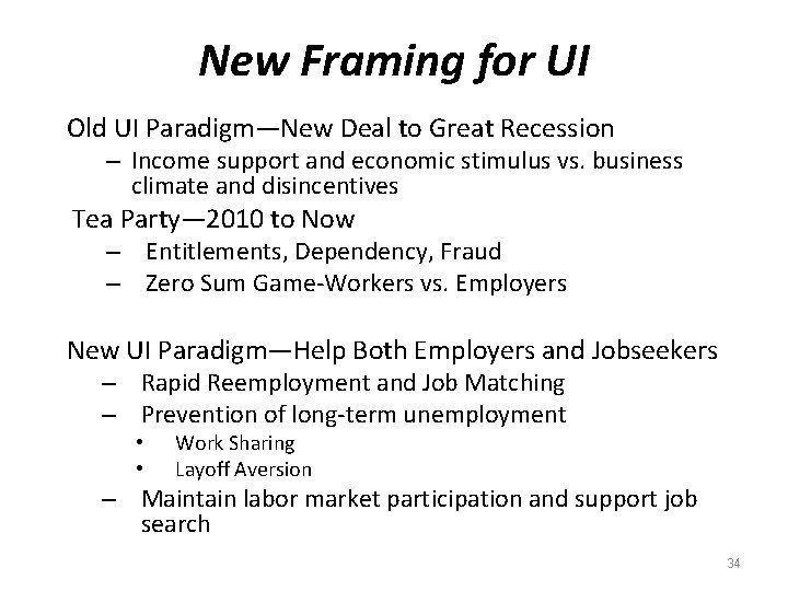 New Framing for UI Old UI Paradigm—New Deal to Great Recession – Income support